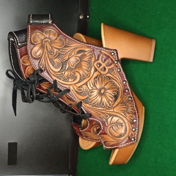 Brown Floral Carved Leather Heeled Sandals - Picture 1 of 6